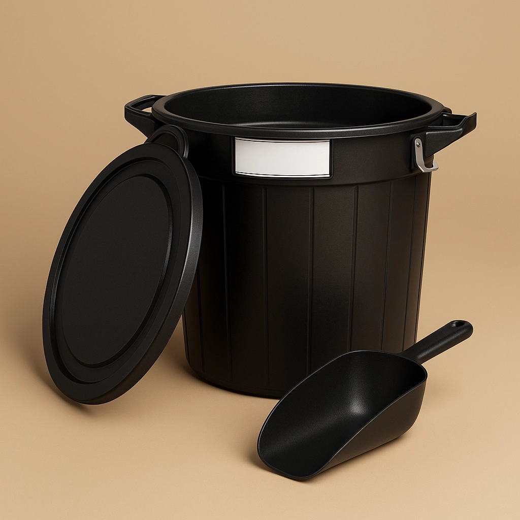 Futtereimer für Pferde mit Deckel als 3D-Rendering vor einfarbigem Hintergrund in #c9b69f, ohne Text