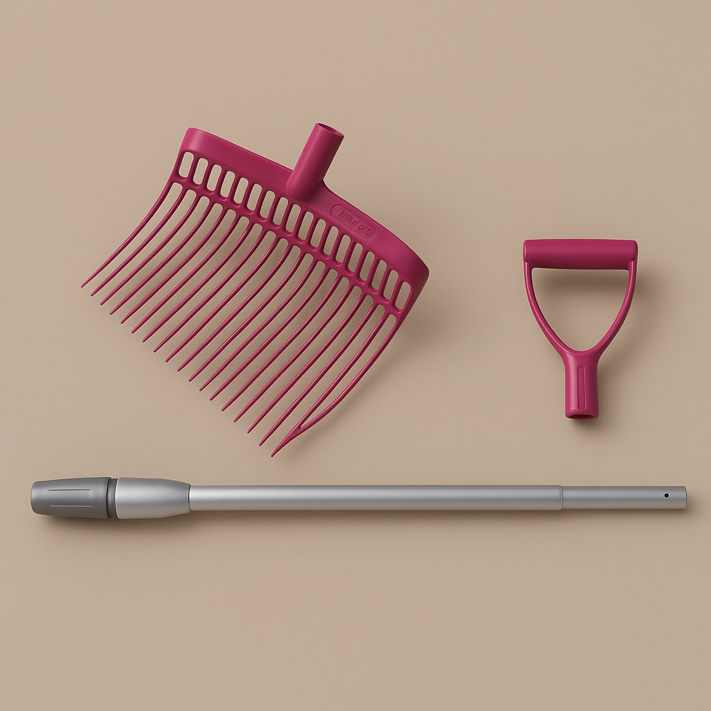 3D-Darstellung von stabilen Forken und Mistgabeln vor einem einfarbigen Hintergrund.