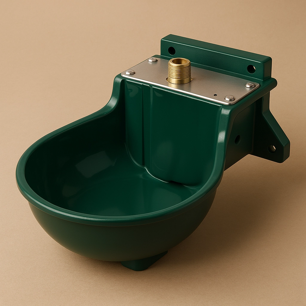 Grüne Kunststofftränke für Schafe mit Messinganschluss und Wandhalterung vor einfarbigem Hintergrund in #c9b69f