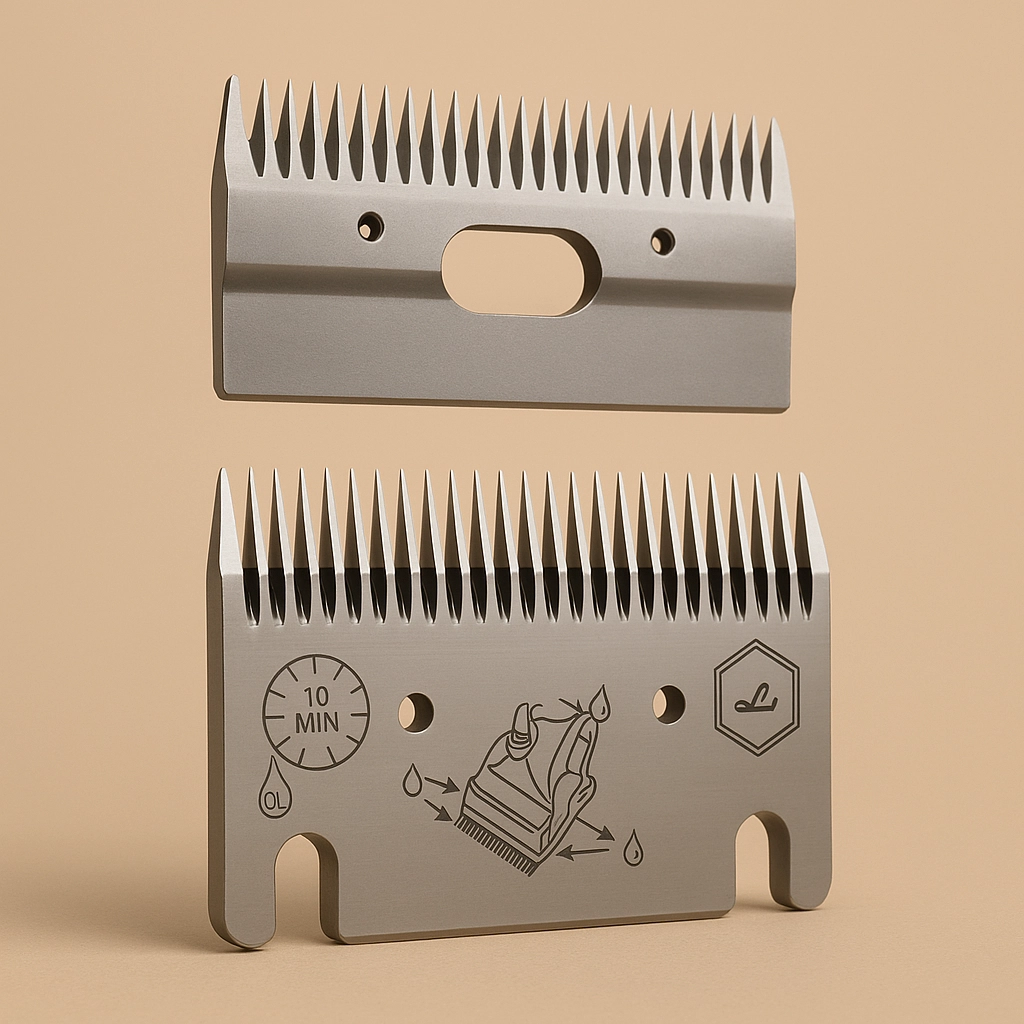 LISCOP Schermesser für Pferde – getrennt dargestelltes Ober- und Untermesser in 3D vor einfarbigem Hintergrund, präzise und langlebig