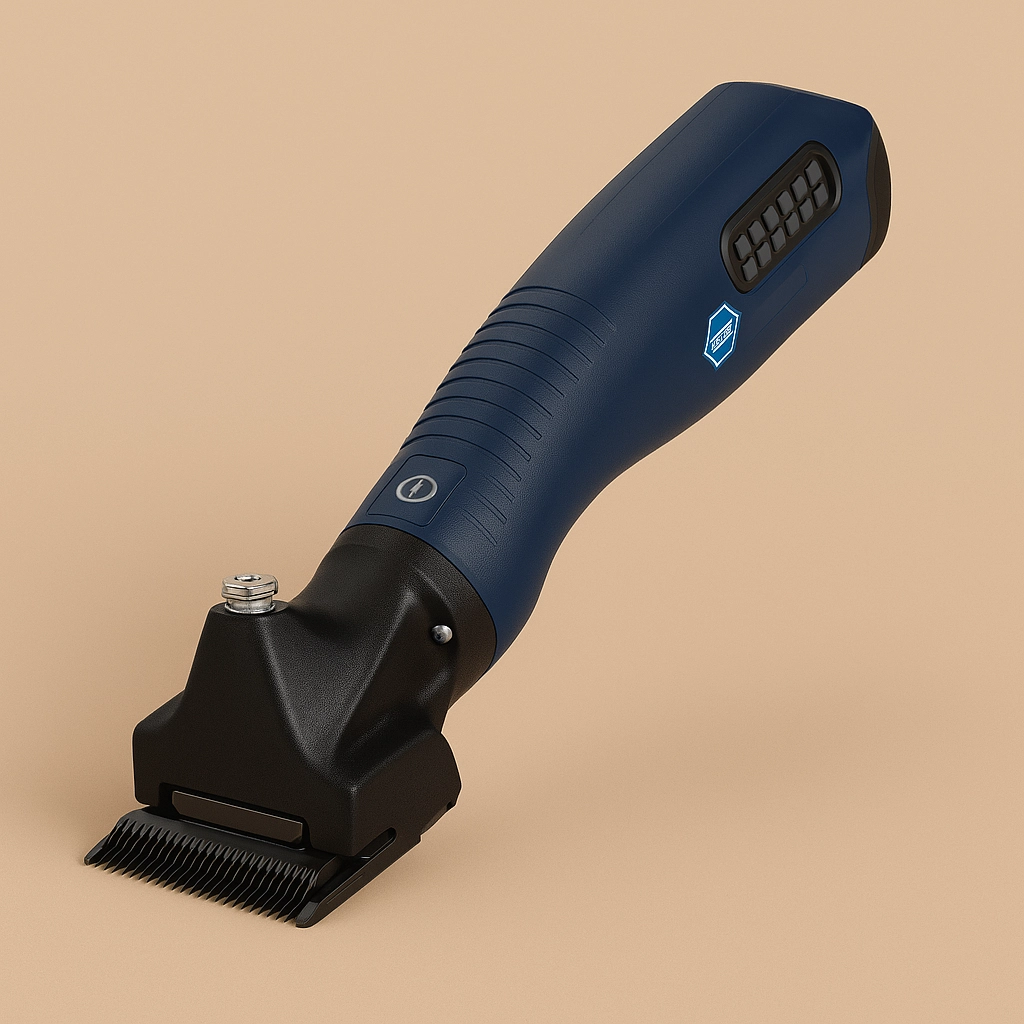 Pferdeschermaschine als 3D-Render vor einfarbigem Hintergrund in Beige, leise, kraftvoll und ergonomisch