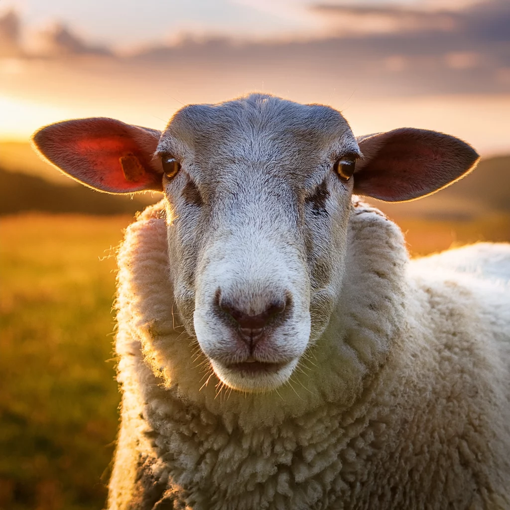 Schafe auf der Weide mit Tränken und Zaun im Hintergrund