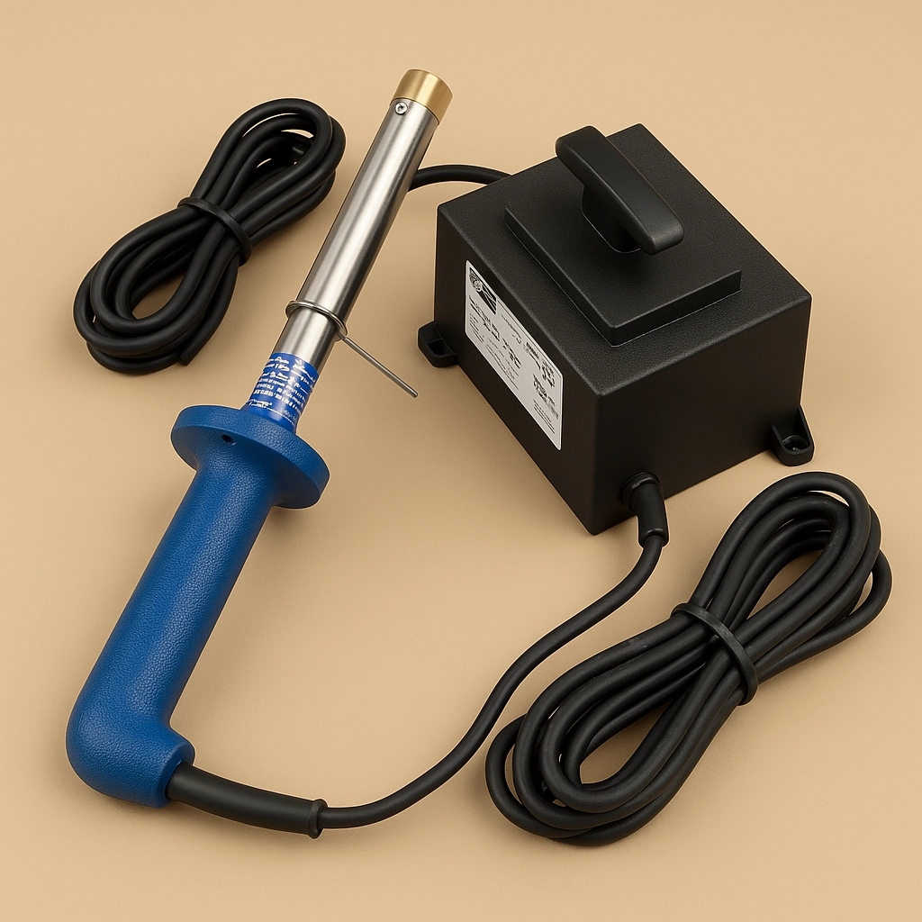 3D gerendertes Bild eines Enthorners/Lötkolbens für Rinder vor einem eintönigen Hintergrund in der Farbe #c9b69f.