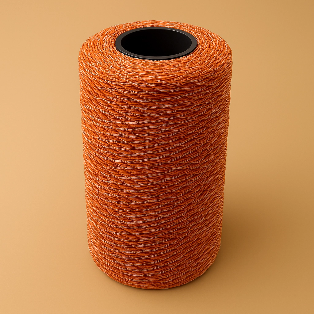 Eine orangefarbene Spule mit weißem Akzent auf einem eintönigen Hintergrund.