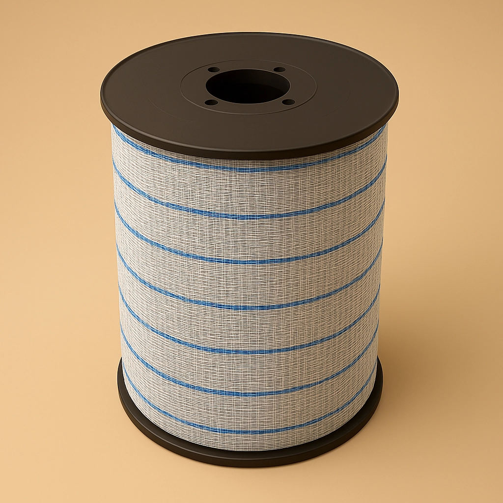 Eine Spule mit weißem Netzmaterial und blauen Linien auf einem eintönigen Hintergrund in der Farbe #c9b69f.