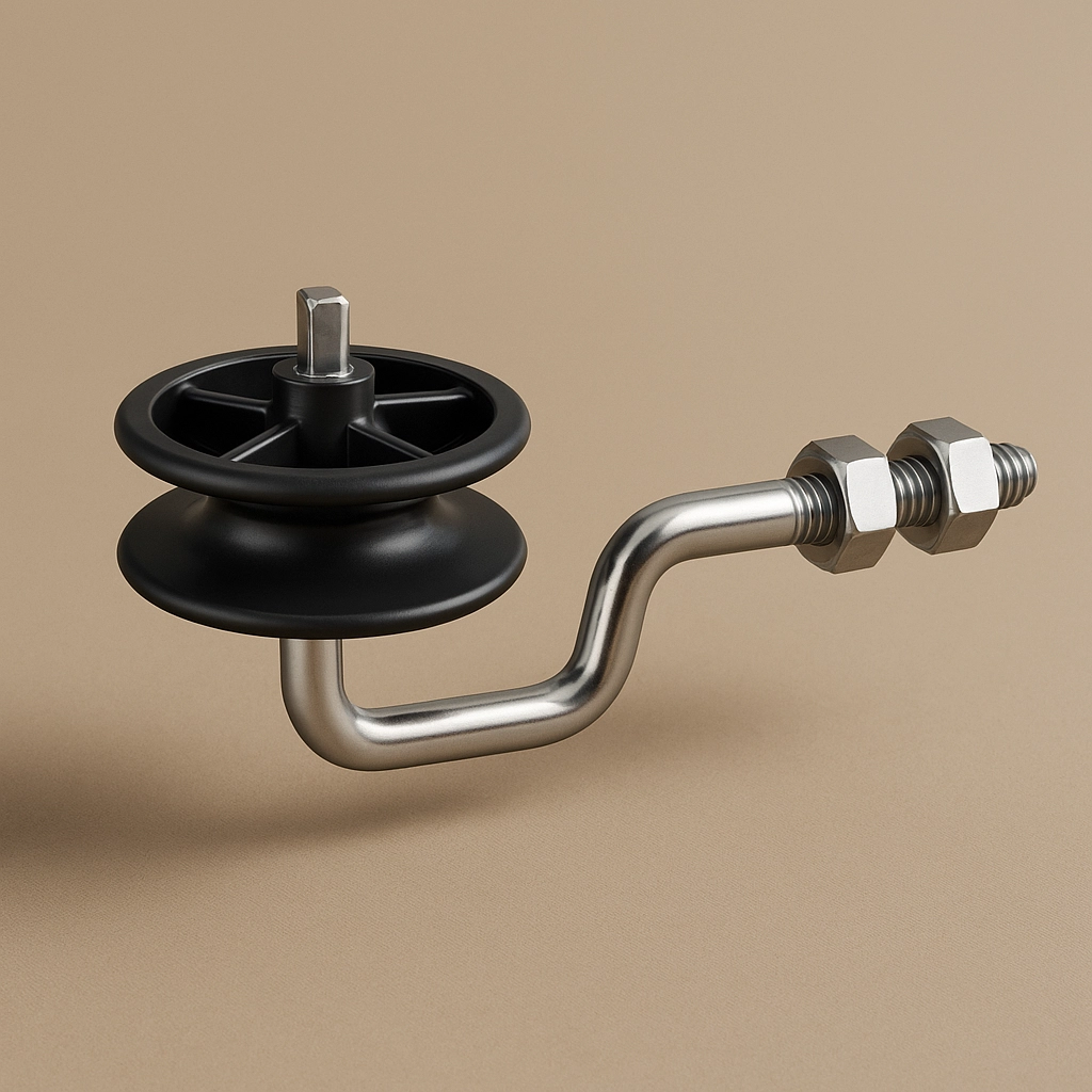 3D gerendertes Produktbild: robuster Abspann- und Eckisolator für Weidezäune von Lister auf einfarbigem Hintergrund (#c9b69f), ohne Text