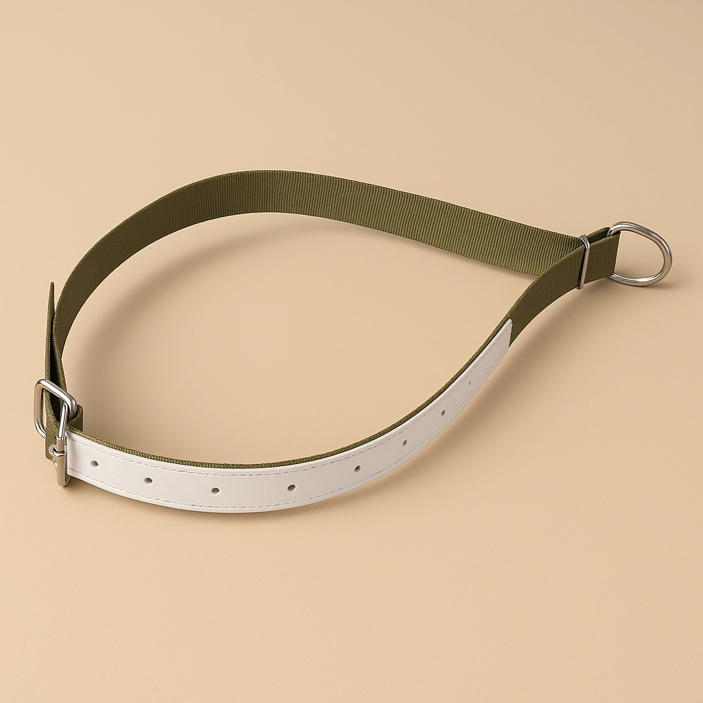 3D gerendertes Bild eines Rinderbandes mit einem weißen Lederabschnitt und einem olivgrünen Stoffabschnitt vor einem eintönigen Hintergrund in der Farbe #c9b69f.