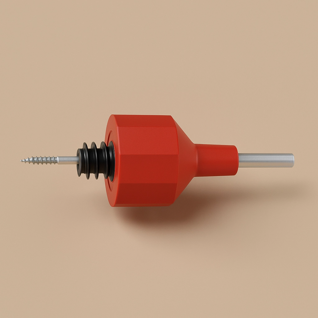 3D-gerendertes Bild einer Einschraubhilfe mit rotem Gehäuse und Schraubaufnahme vor einfarbigem Hintergrund.