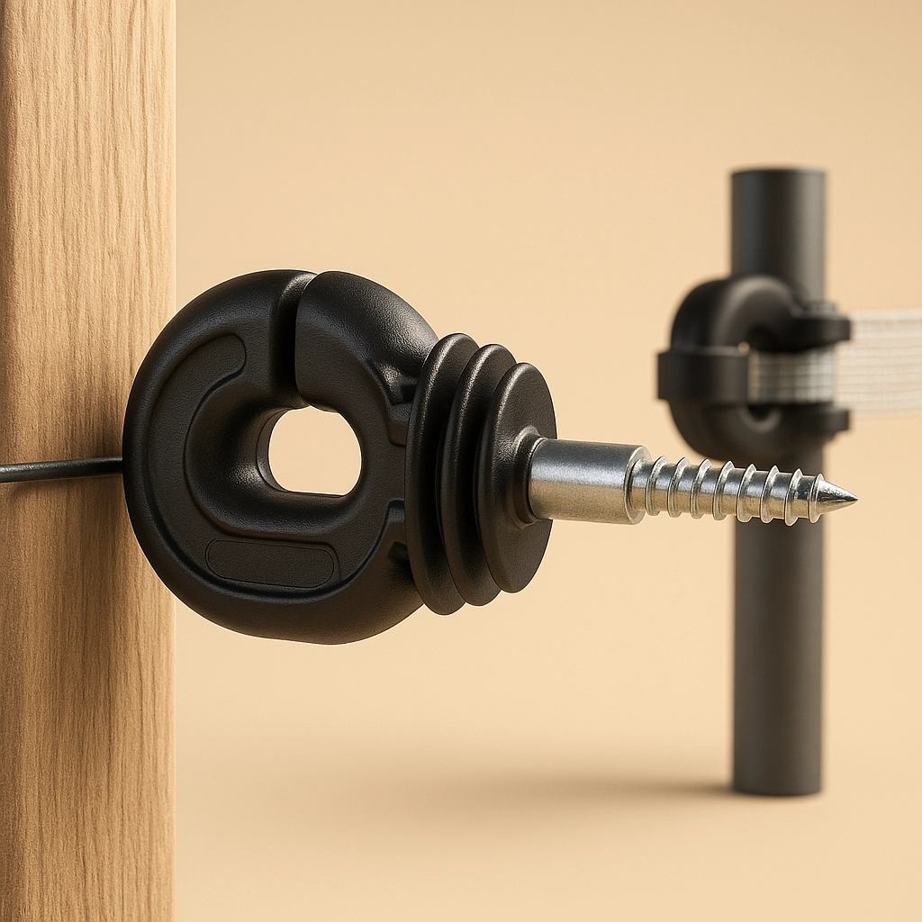 3D‑Darstellung eines Weidezaun‑Isolators an einem Holzpfahl, mit angedeutetem Bandisolator am Metallpfahl im Hintergrund vor einfarbigem Hintergrund.