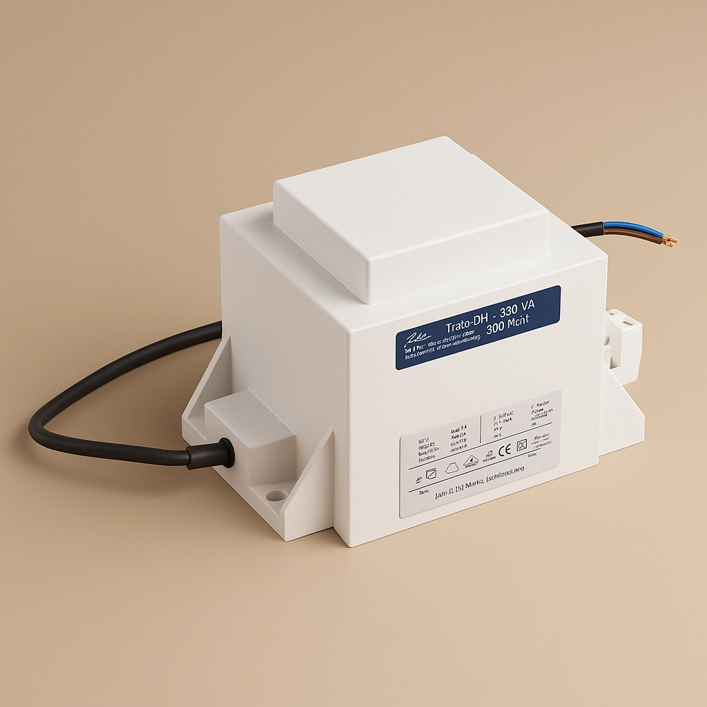 3D-Rendering eines 24 V Trafos für Heizkabel und Tränken vor einfarbigem Hintergrund in #c9b69f, zentriert, ohne Text