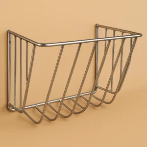 3D-Rendering: Edelstahl-Heuraufe für Pferde auf einfarbigem Hintergrund (#c9b69f), schräg von vorn, freigestellt