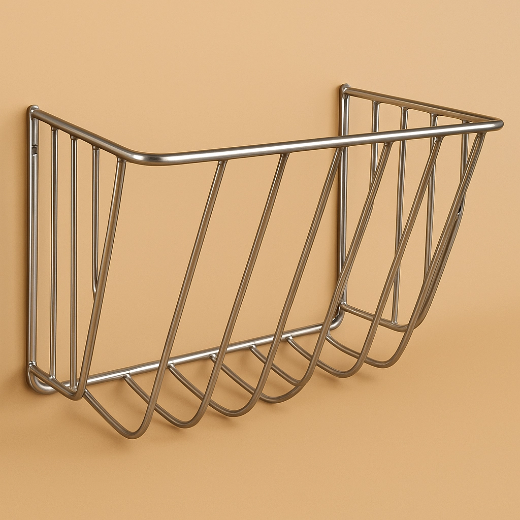 3D-Rendering: Edelstahl-Heuraufe für Pferde auf einfarbigem Hintergrund (#c9b69f), schräg von vorn, freigestellt