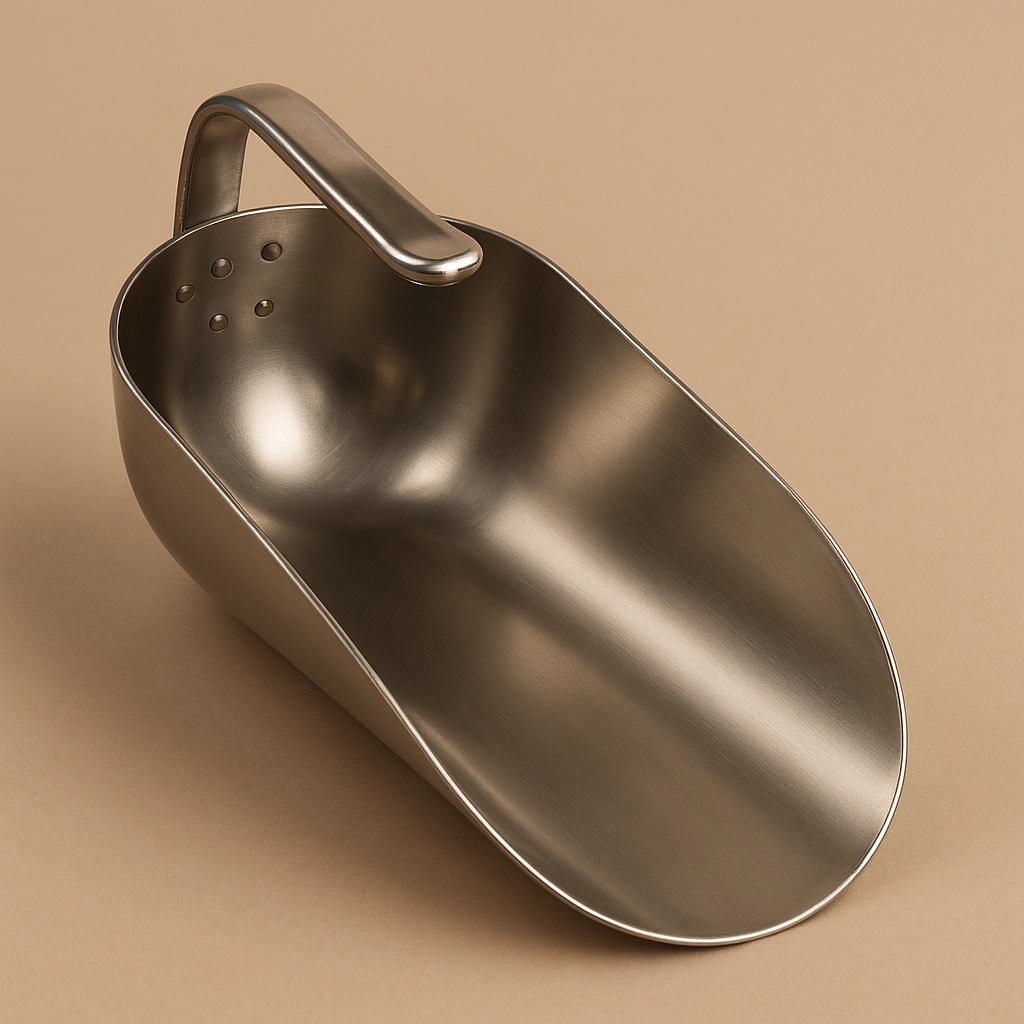 3D-Rendering eines Futtereimers bzw. einer Futterschaufel für Schafe auf einfarbigem Hintergrund in #c9b69f