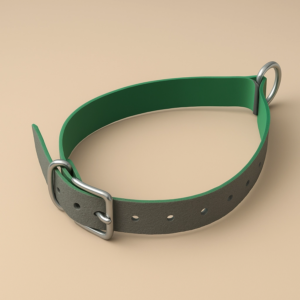 3D gerendertes Schafhalsband vor einfarbigem Hintergrund in #c9b69f, freigestellt, Studio-Licht, dezenter Schatten