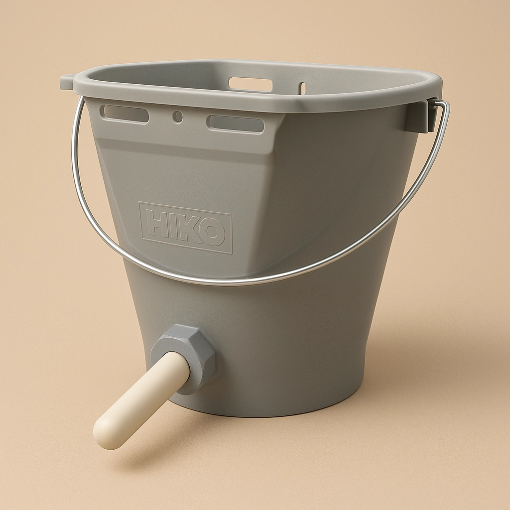 3D gerenderter Kälbertränkeeimer vor einfarbigem Hintergrund in #c9b69f, freigestellt, ohne Text.