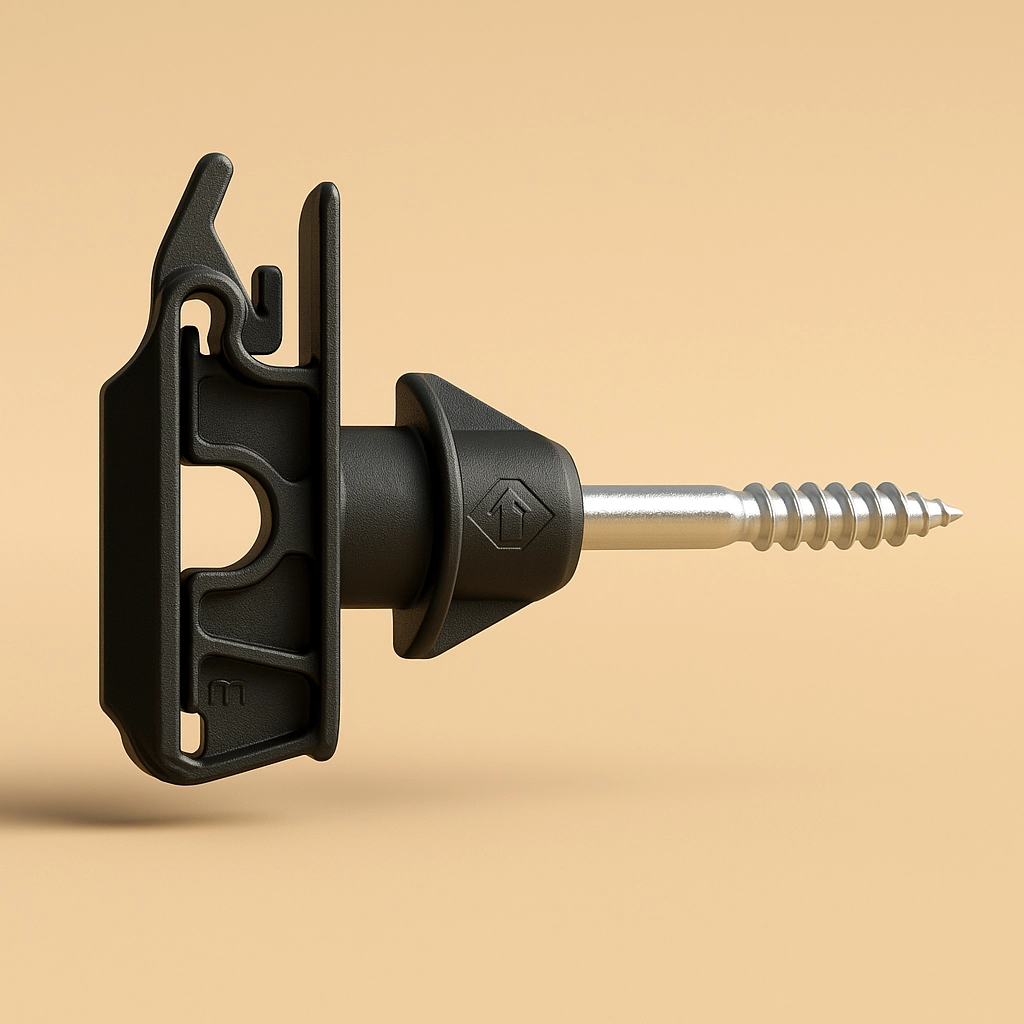 3D‑Rendering Band‑/Kordelisolator vor einfarbigem Hintergrund (#c9b69f); für Band bis 40 mm, Kordel bis 6 mm.