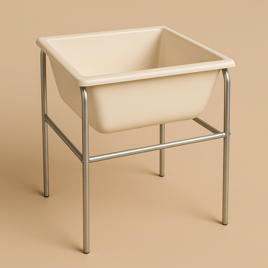 3D-Render: Spülwanne mit verzinktem Gestell vor einfarbigem Hintergrund (#c9b69f) – Kategorie Rind, Milchküche