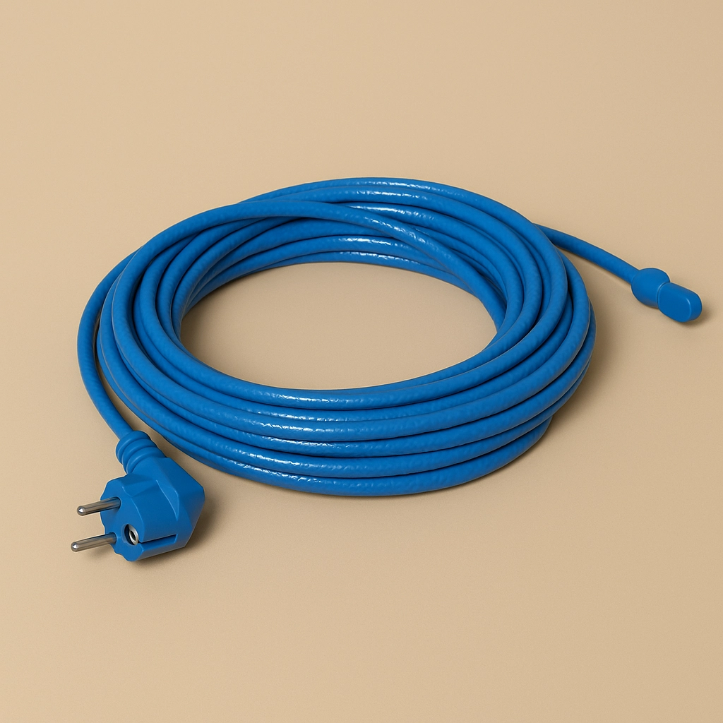 Frostschutz-Heizkabel für Wasserleitungen im Rinderstall, 24V oder 230V, mit Trafo bei 24V.