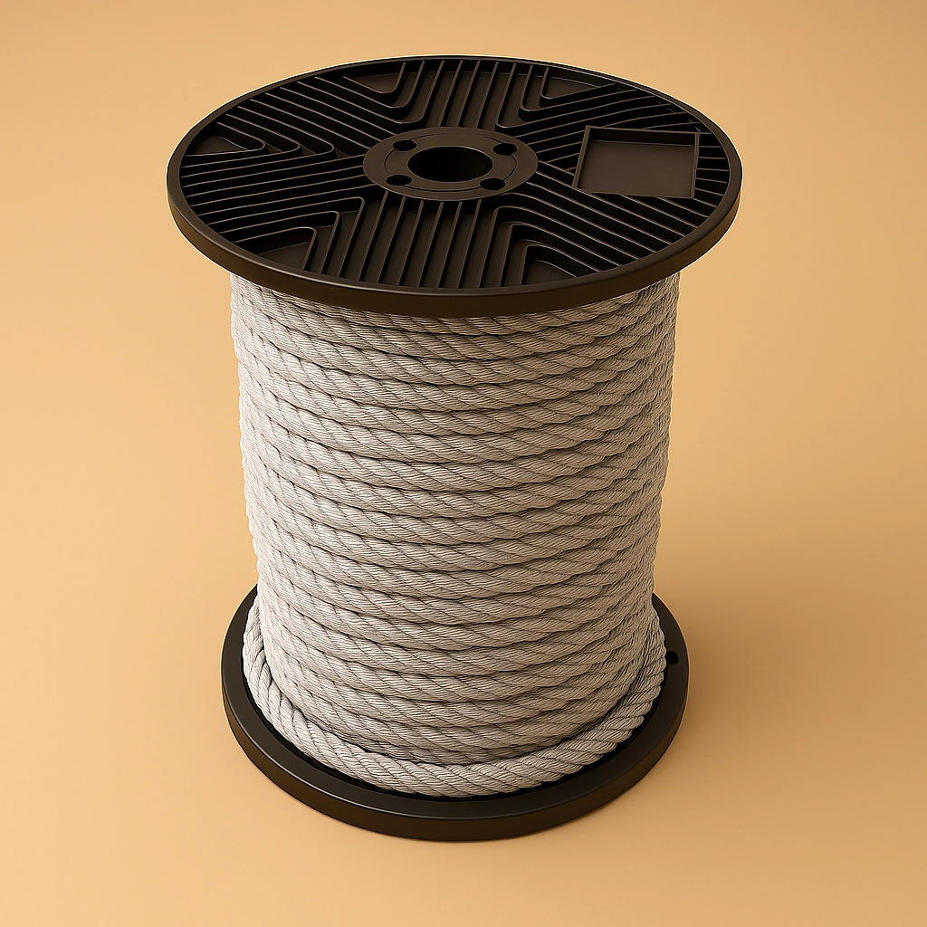 3D gerendertes Bild einer Spule mit weißem Seil vor einem eintönigen Hintergrund in der Farbe #c9b69f.