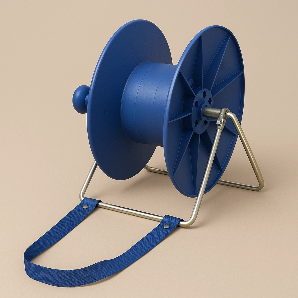 3D-Rendering einer blauen Kunststofftrommel für Weidezaun-Leitungen vor einfarbigem Hintergrund (#c9b69f), ohne Text