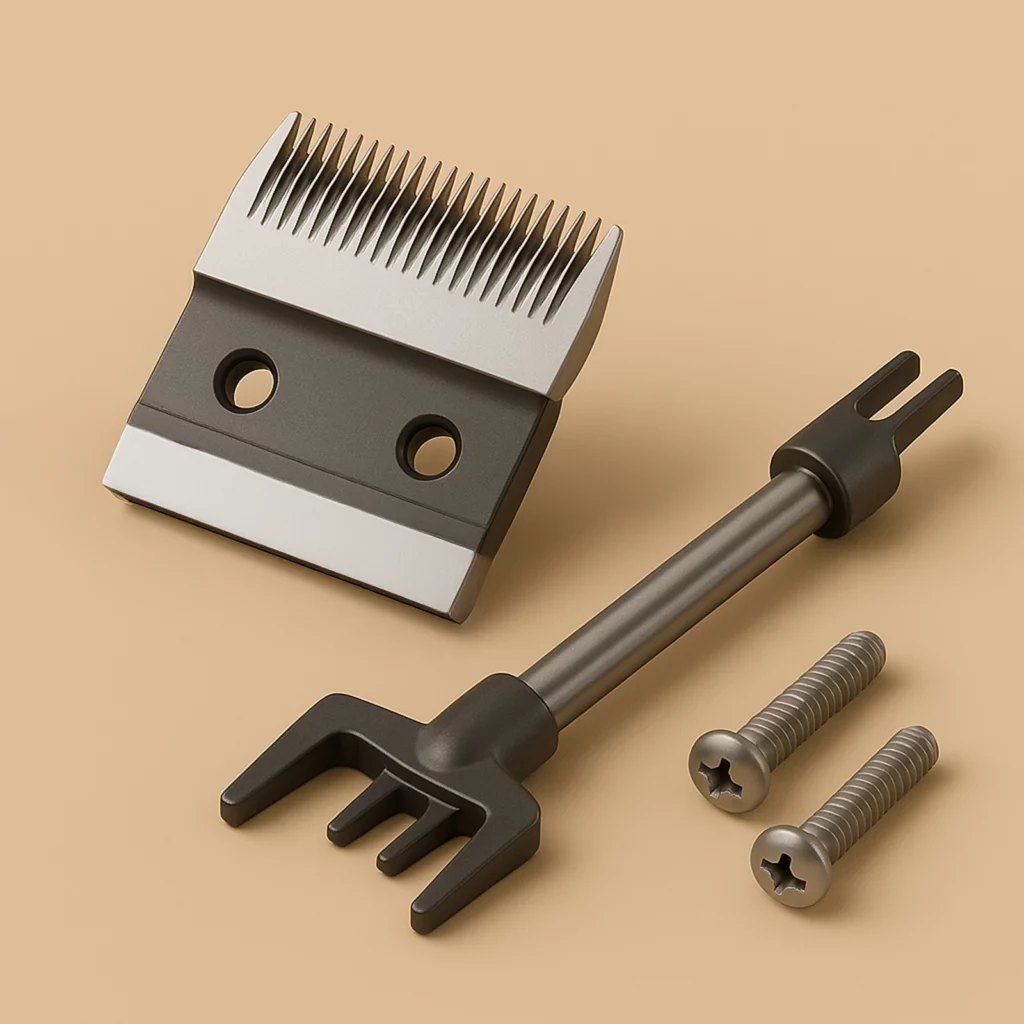 Schermaschinen Ersatzteile – Scherkopf, Schrauben und Antriebswelle auf einfarbigem Hintergrund